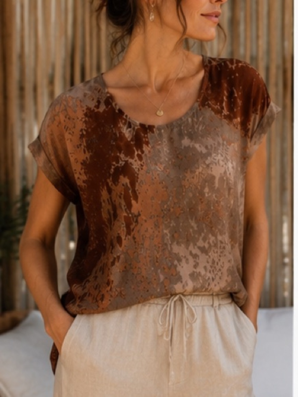 Eileen Fisher 100% Silk Sea Spray Print Scoop Neck Boxy Cap Sleeve Top Sz M NWOT